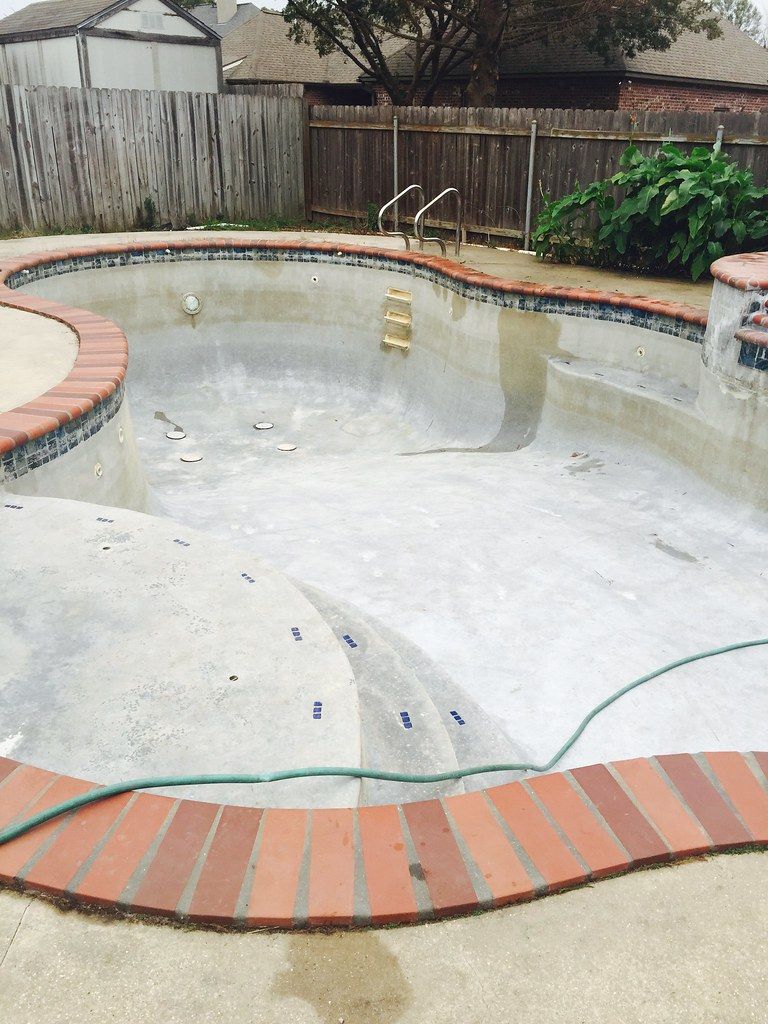 An empty kidney-shaped pool with bare, stained plaster and a hose lying in the deep end.
